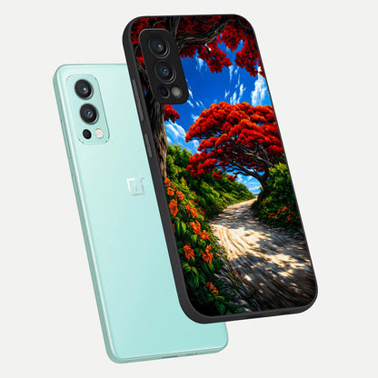  Red Trees Pathway phone case For OnePlus Nord 2 showing premium glass back cover with detailed artwork