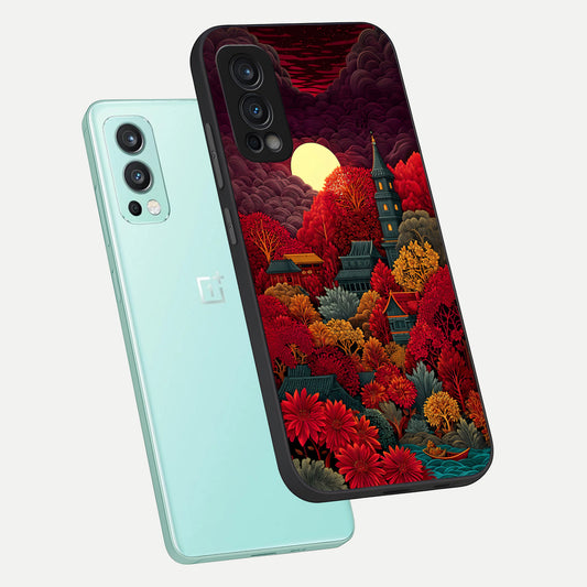  Scarlet Autumn Temple phone case For OnePlus Nord 2 showing premium glass back cover with detailed artwork