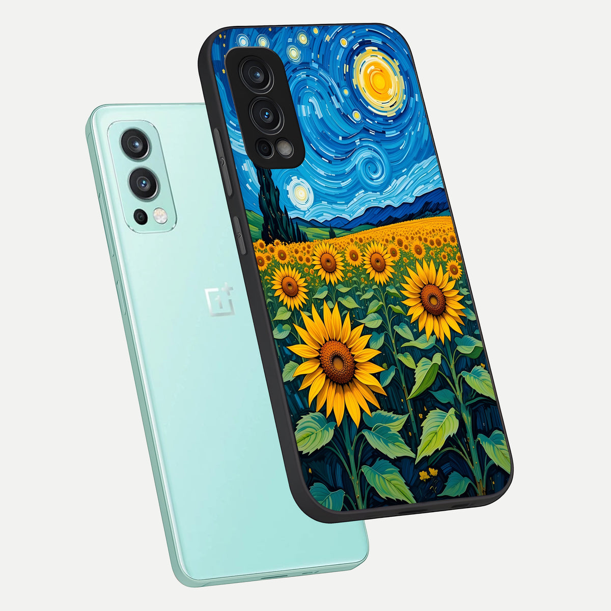  Starry Sunflower Dreams phone case For OnePlus Nord 2 showing premium glass back cover with detailed artwork