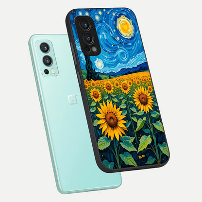  Starry Sunflower Dreams phone case For OnePlus Nord 2 showing premium glass back cover with detailed artwork