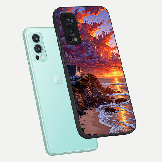  Sunset House By Sea phone case For OnePlus Nord 2 showing premium glass back cover with detailed artwork