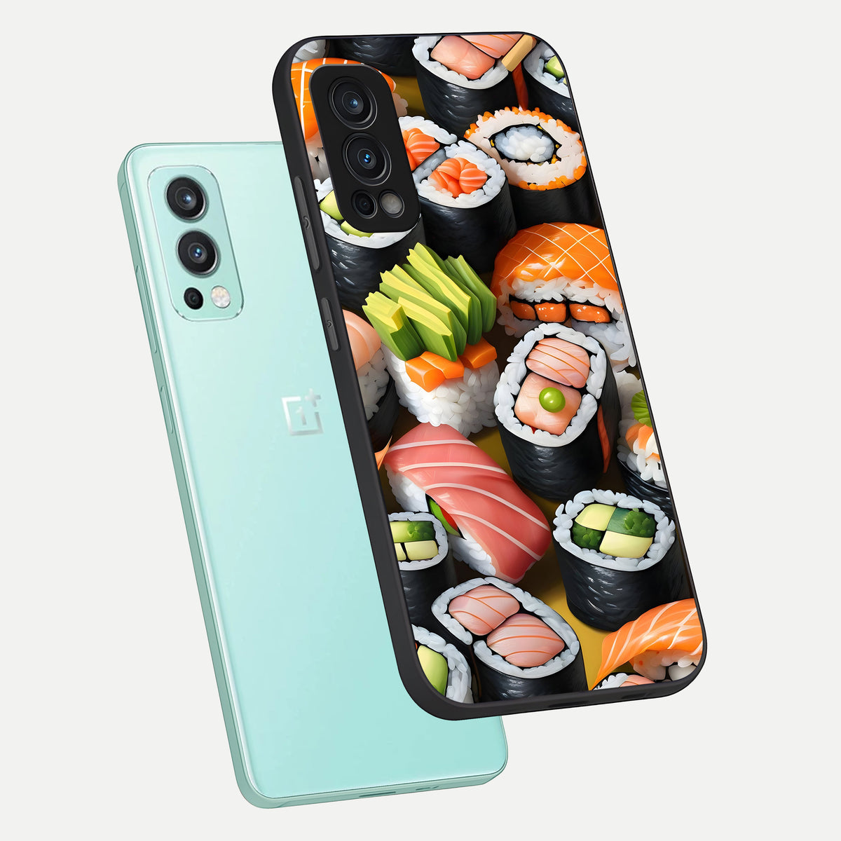  Sushi Food Pattern phone case For OnePlus Nord 2 showing premium glass back cover with detailed artwork