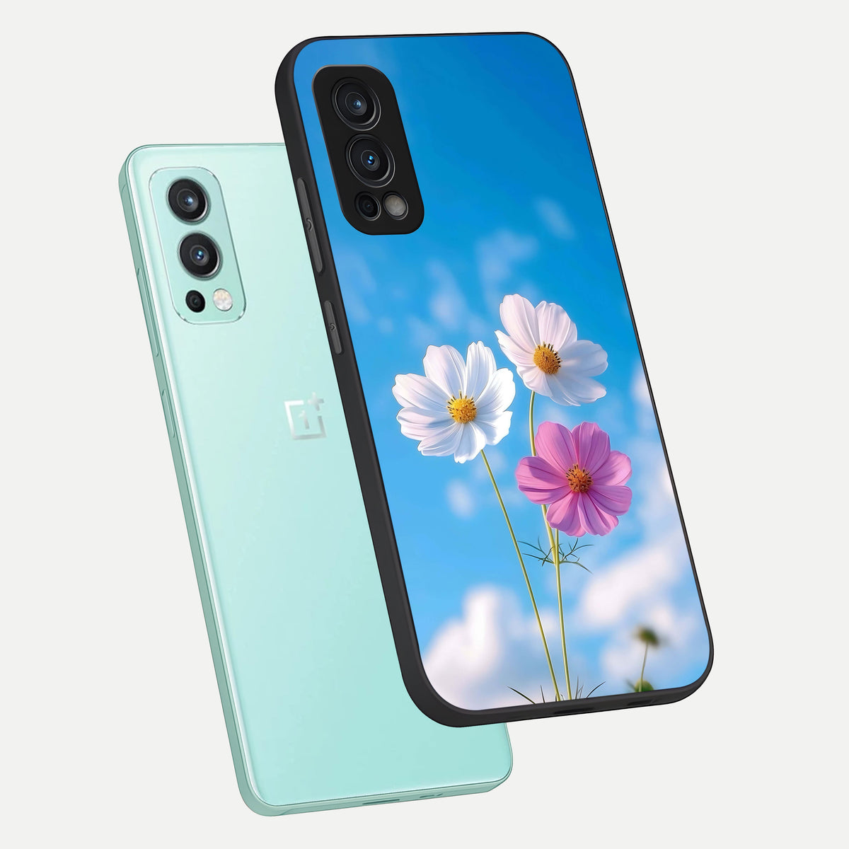  Tripple Flowers With Sky phone case For OnePlus Nord 2 showing premium glass back cover with detailed artwork