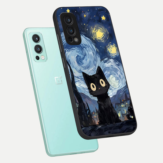  Van Gogh Cat phone case For OnePlus Nord 2 showing premium glass back cover with detailed artwork