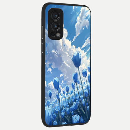  Blue Tulip Clouds back cover For OnePlus Nord 2 slim fit glass case with vibrant aesthetic design