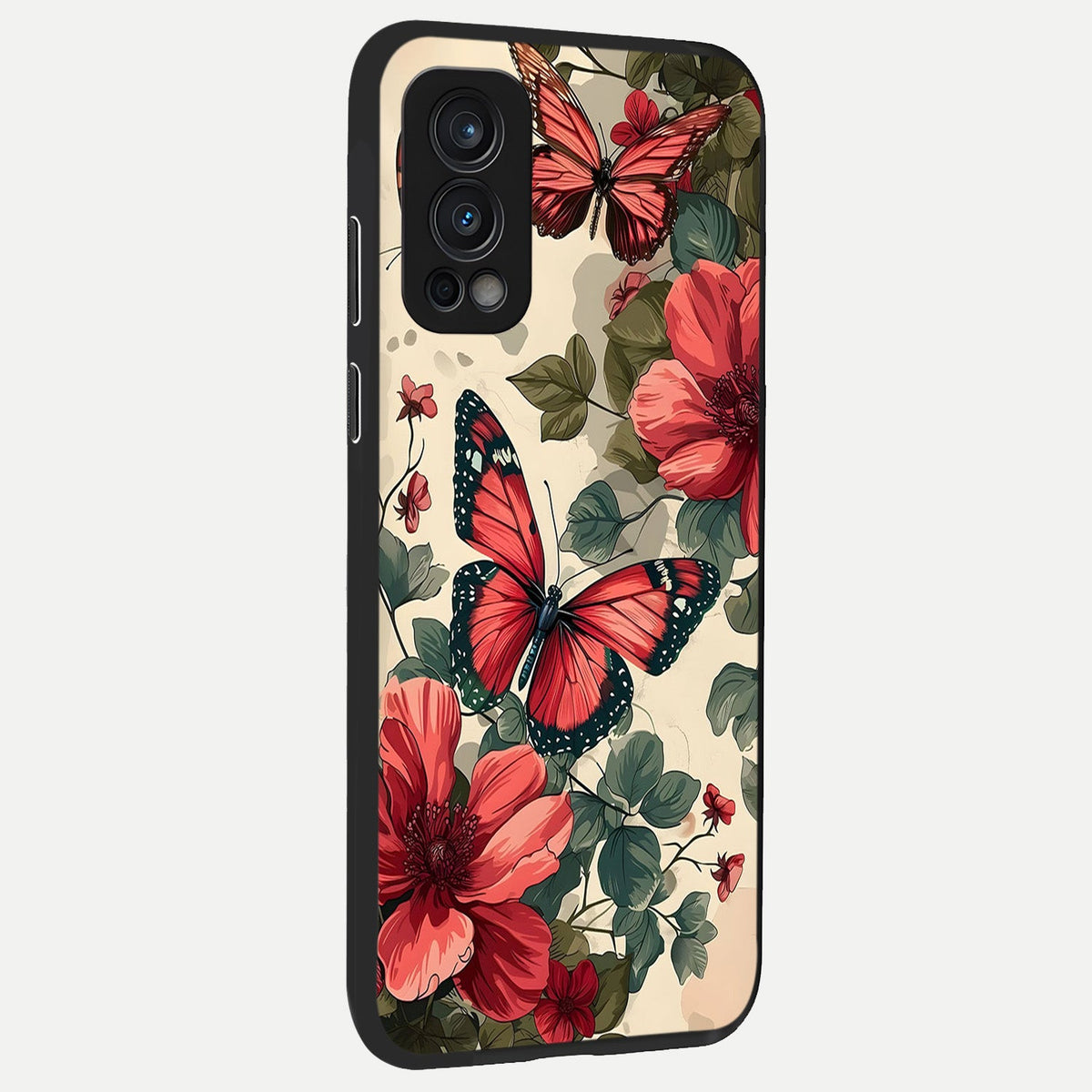  Crimson Butterfly Garden back cover For OnePlus Nord 2 slim fit glass case with vibrant aesthetic design