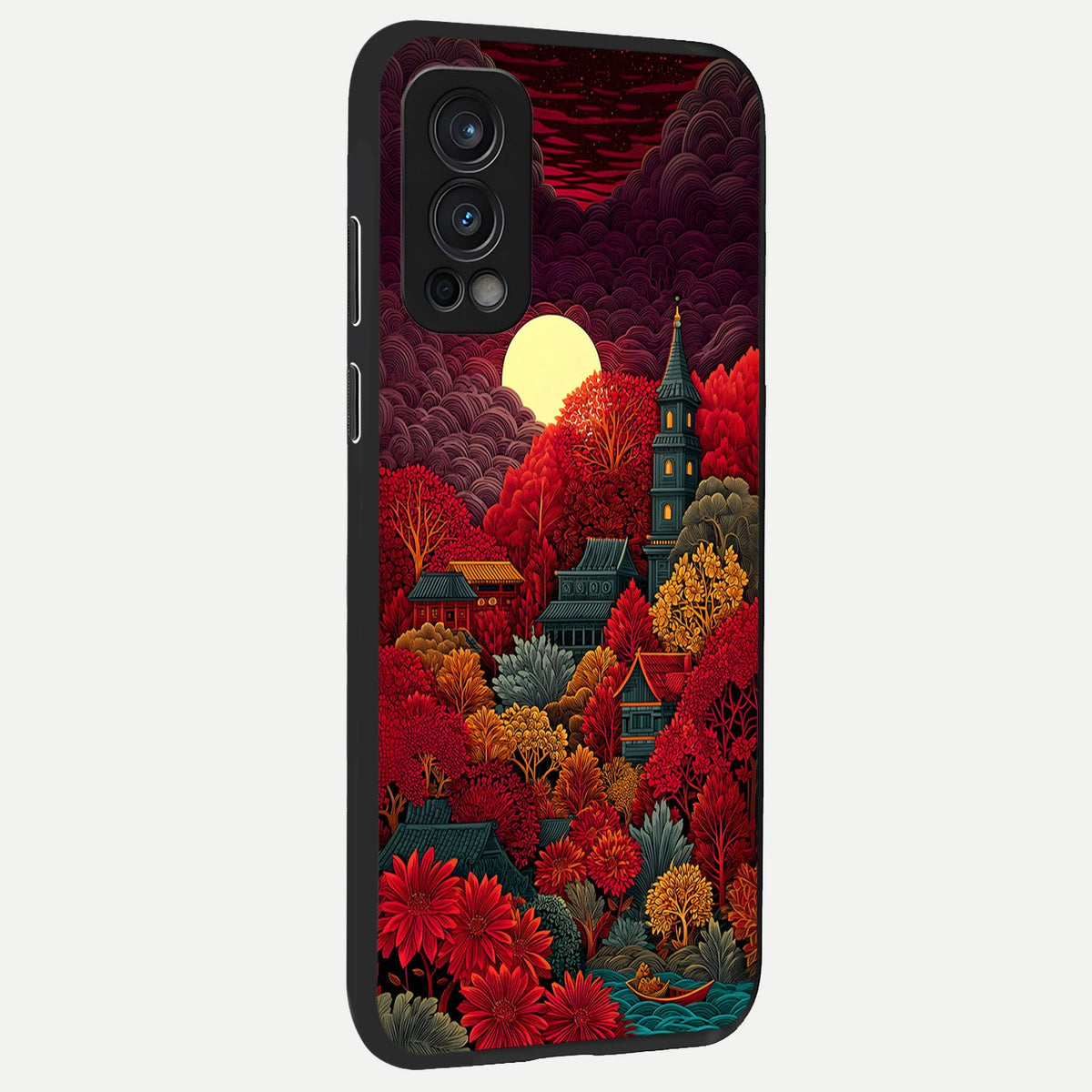  Scarlet Autumn Temple back cover For OnePlus Nord 2 slim fit glass case with vibrant aesthetic design