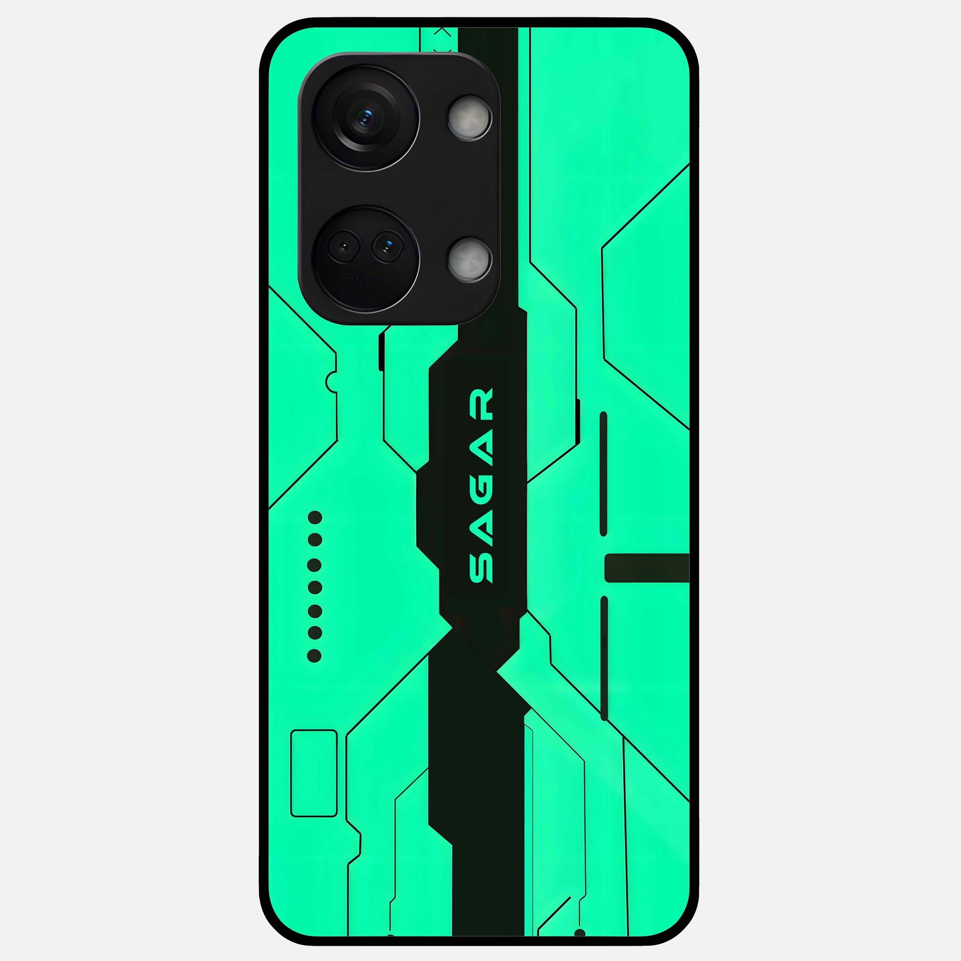  Aqua Tech CYBERPUNK Custom Name Glass Case For Oneplus Nord 3 back cover – full design glossy printed glass finish