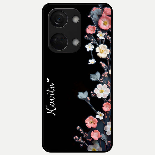  Black Elegance Floral Custom Name Glass Case For Oneplus Nord 3 back cover – full design glossy printed glass finish