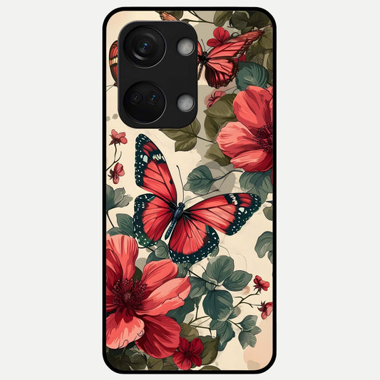  Crimson Butterfly Garden Glass Case For Oneplus Nord 3 back cover – full design glossy printed glass finish