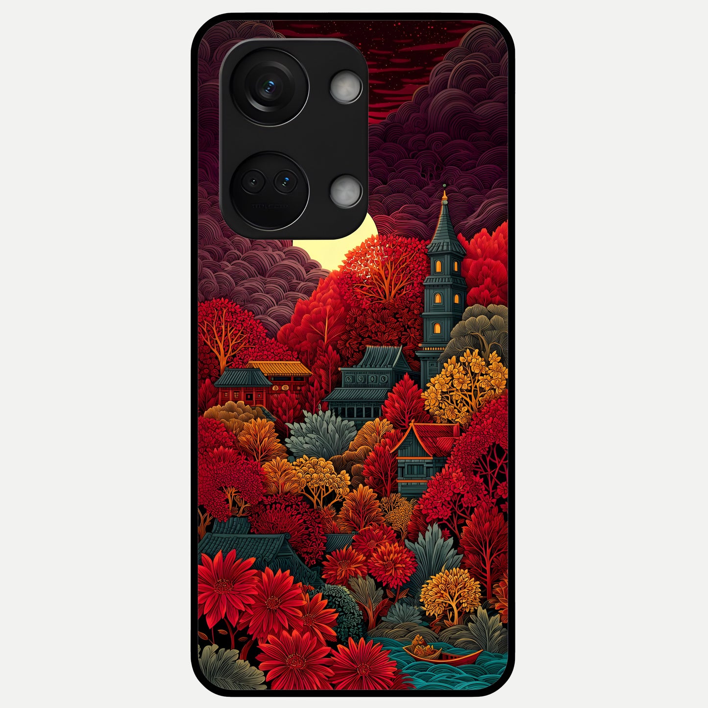  Scarlet Autumn Temple Glass Case For Oneplus Nord 3 back cover – full design glossy printed glass finish