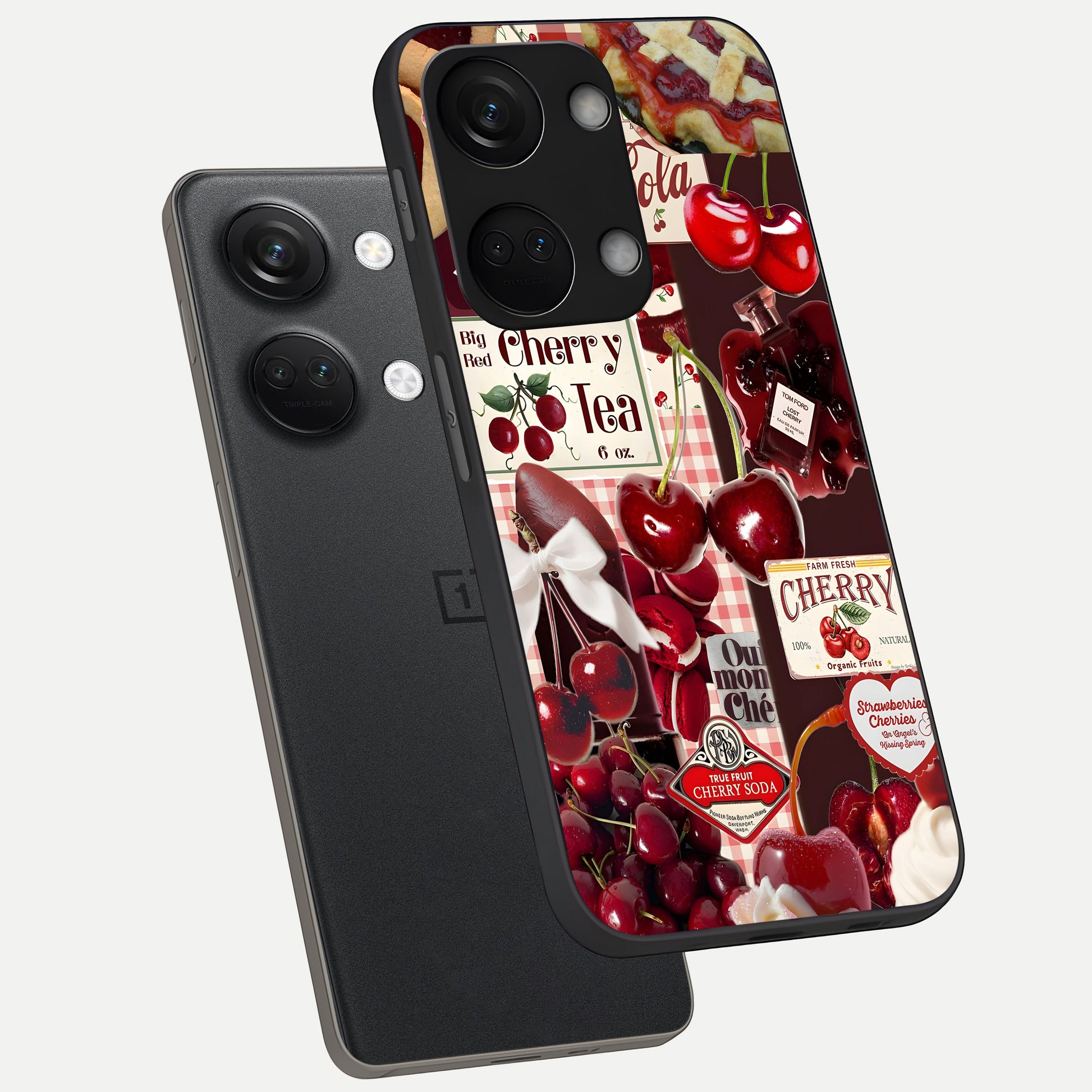  Aesthetic Cherry Tea phone case For Oneplus Nord 3 showing premium glass back cover with detailed artwork