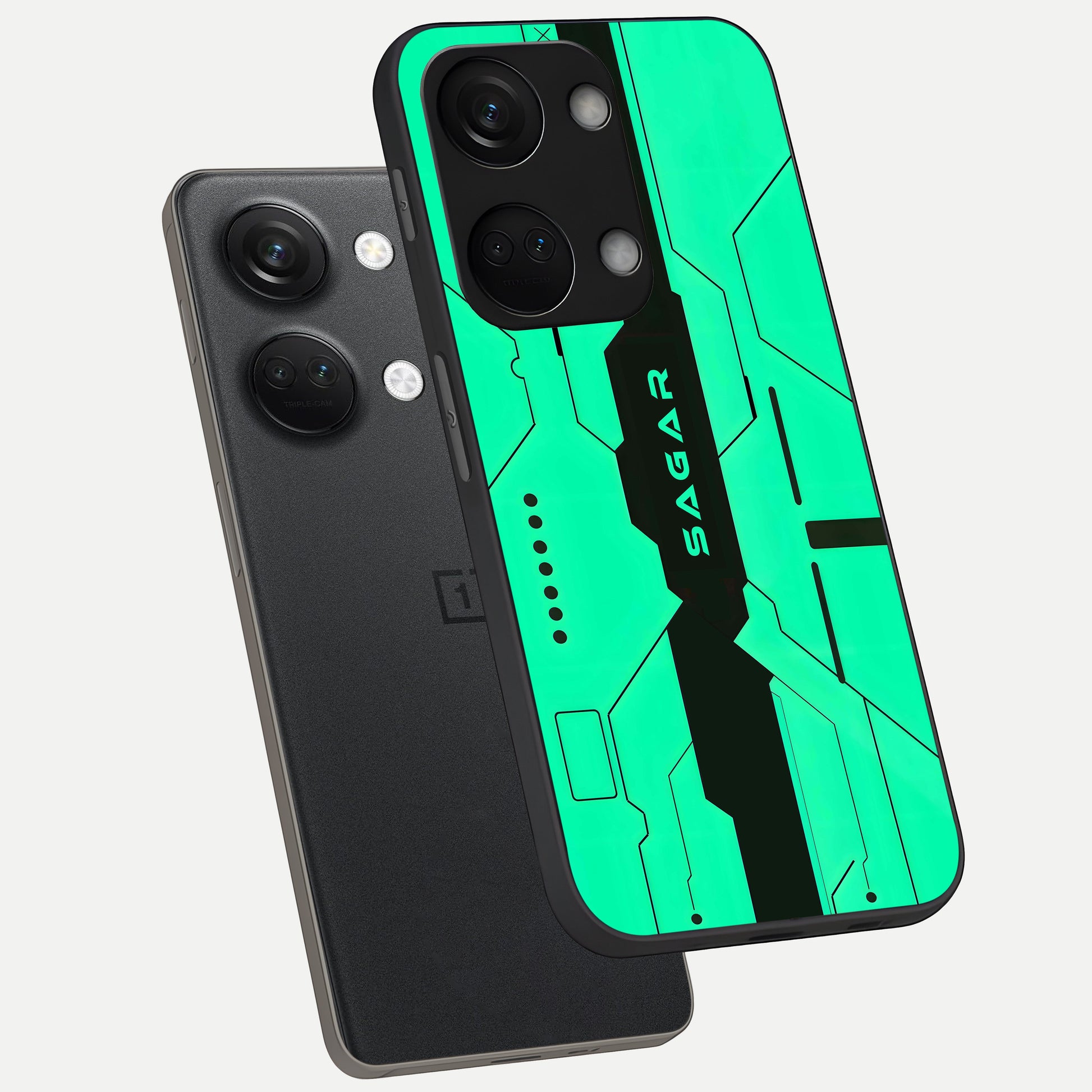  Aqua Tech CYBERPUNK Custom Name phone case For Oneplus Nord 3 showing premium glass back cover with detailed artwork