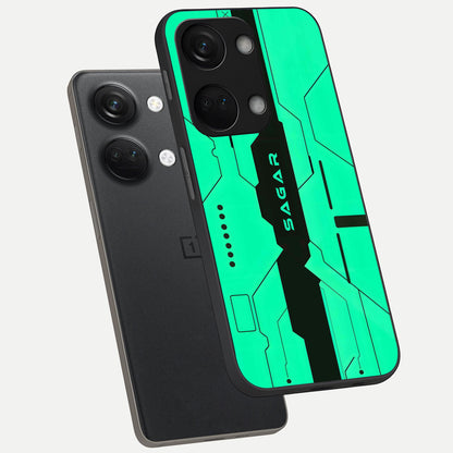  Aqua Tech CYBERPUNK Custom Name phone case For Oneplus Nord 3 showing premium glass back cover with detailed artwork