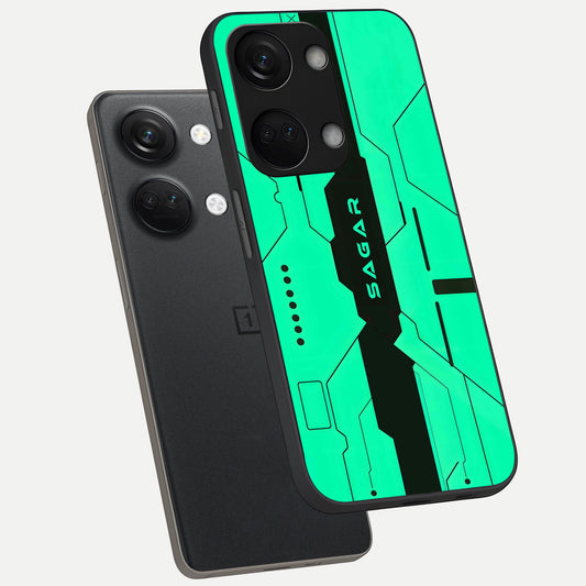  Aqua Tech CYBERPUNK Custom Name phone case For Oneplus Nord 3 showing premium glass back cover with detailed artwork