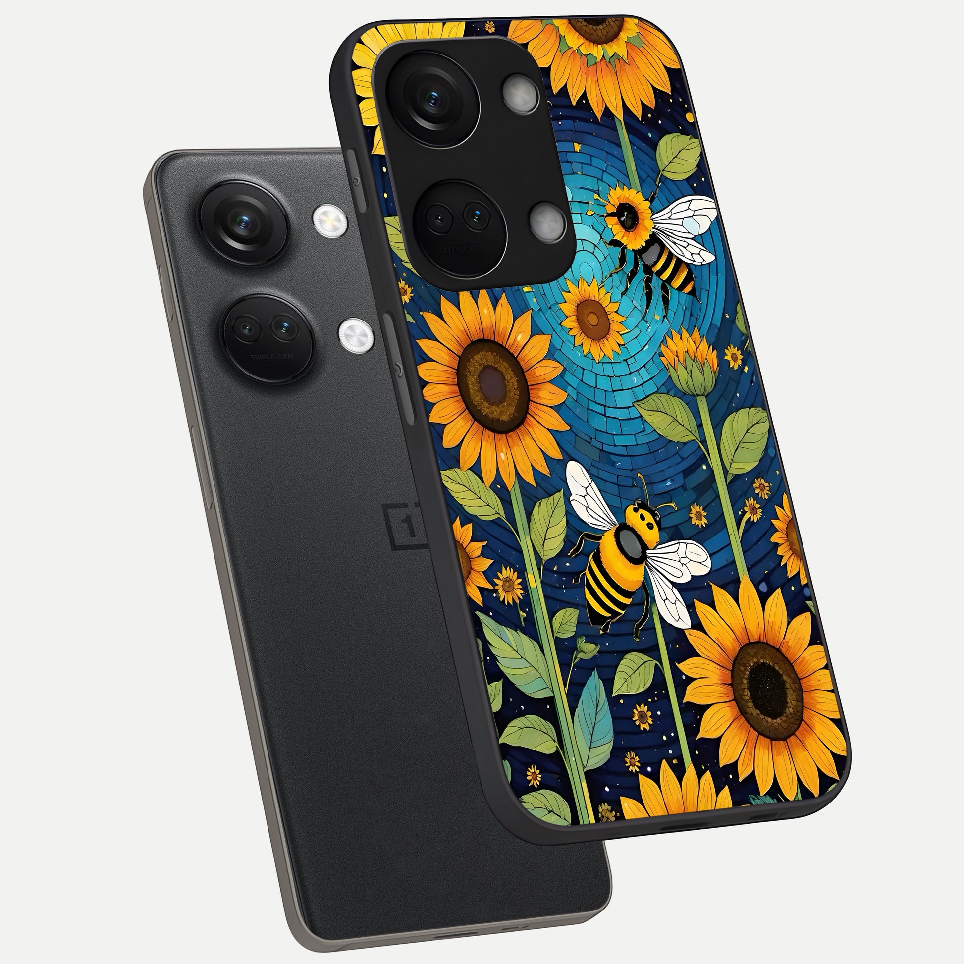  Bees And Sunflowers phone case For Oneplus Nord 3 showing premium glass back cover with detailed artwork