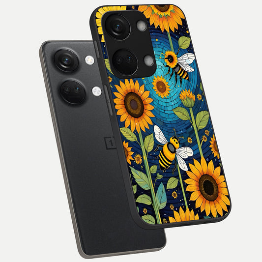  Bees And Sunflowers phone case For Oneplus Nord 3 showing premium glass back cover with detailed artwork
