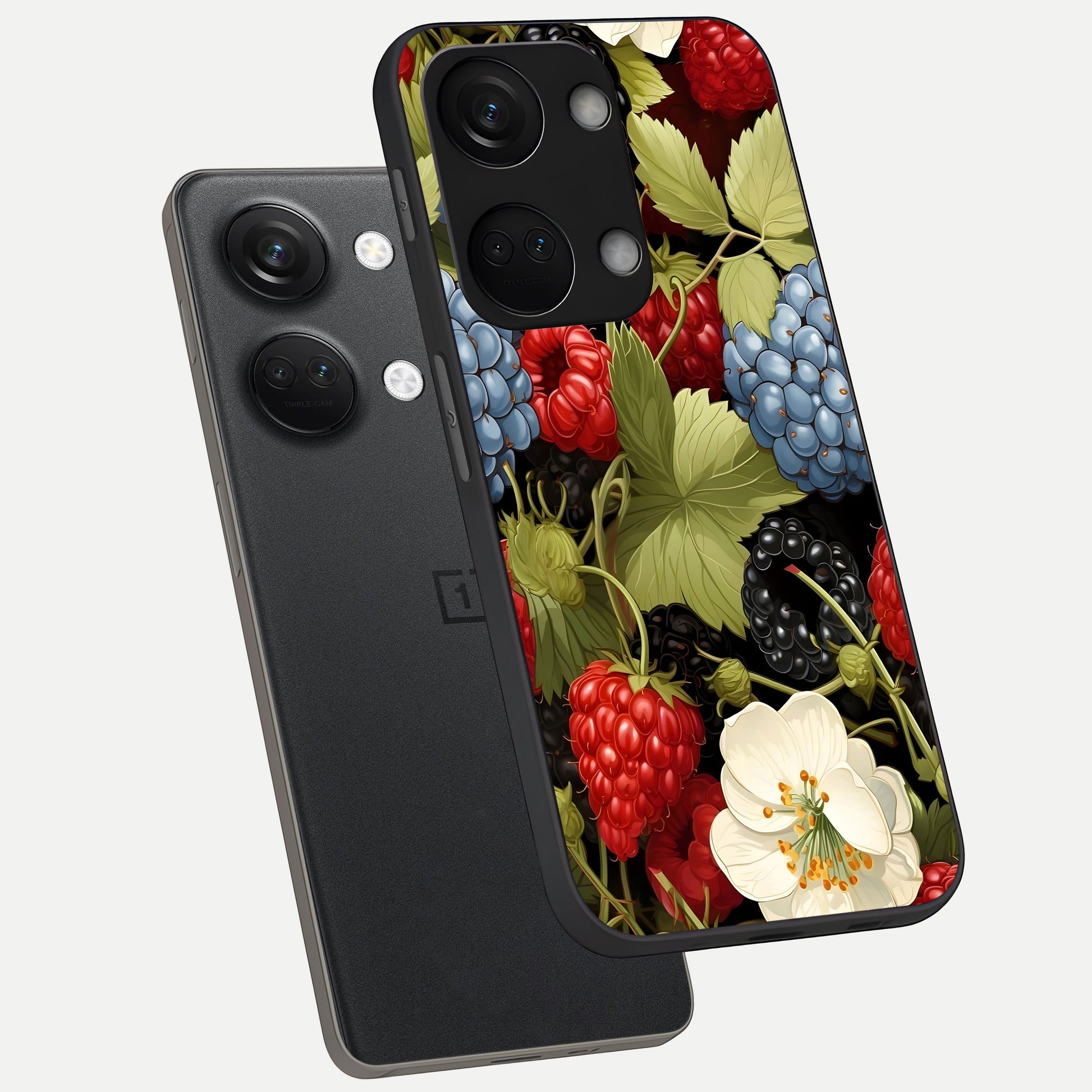  Berry Bloom Charm phone case For Oneplus Nord 3 showing premium glass back cover with detailed artwork