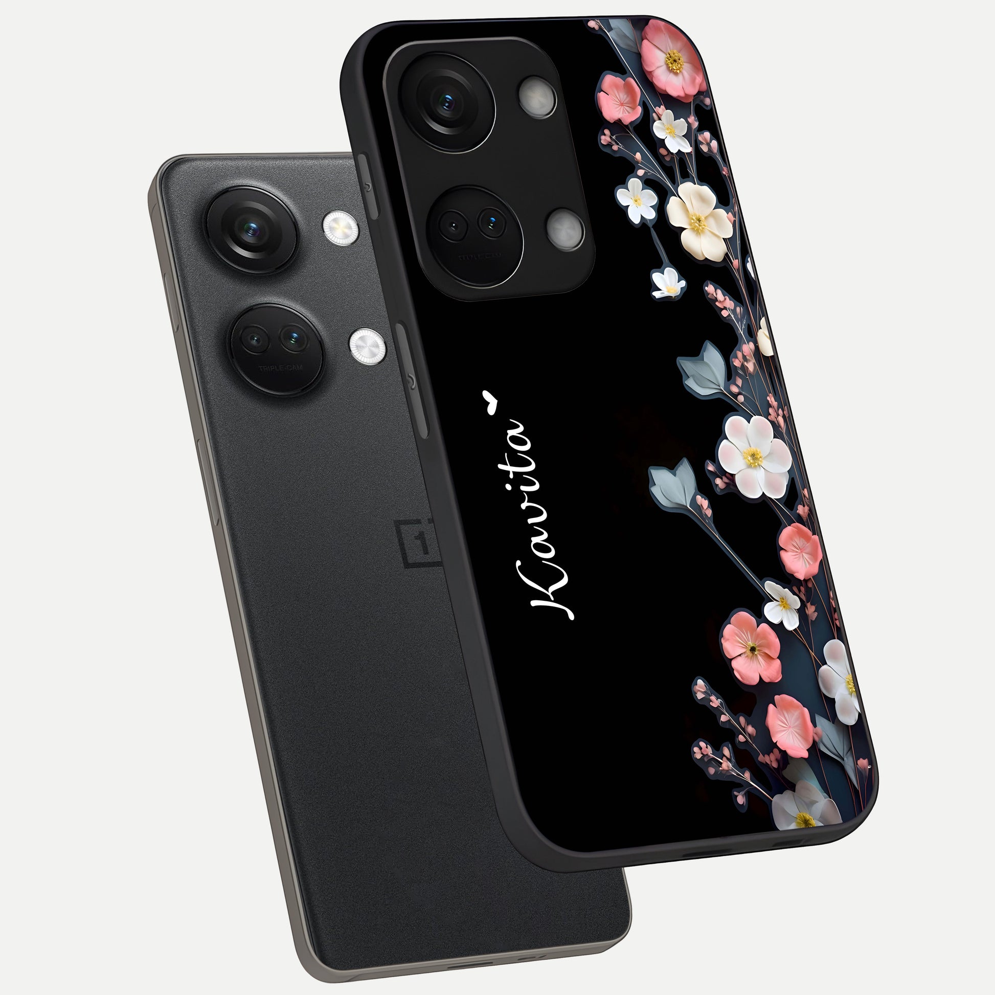  Black Elegance Floral Custom Name phone case For Oneplus Nord 3 showing premium glass back cover with detailed artwork