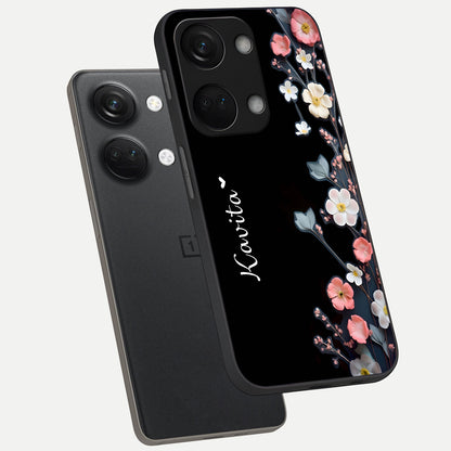  Black Elegance Floral Custom Name phone case For Oneplus Nord 3 showing premium glass back cover with detailed artwork