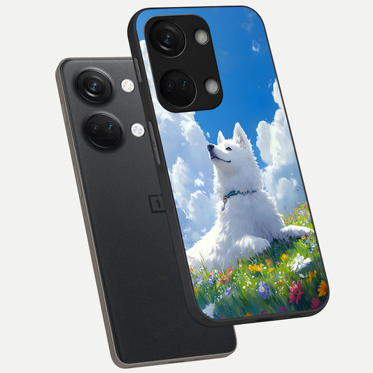  Blissful Cloud Pup phone case For Oneplus Nord 3 showing premium glass back cover with detailed artwork