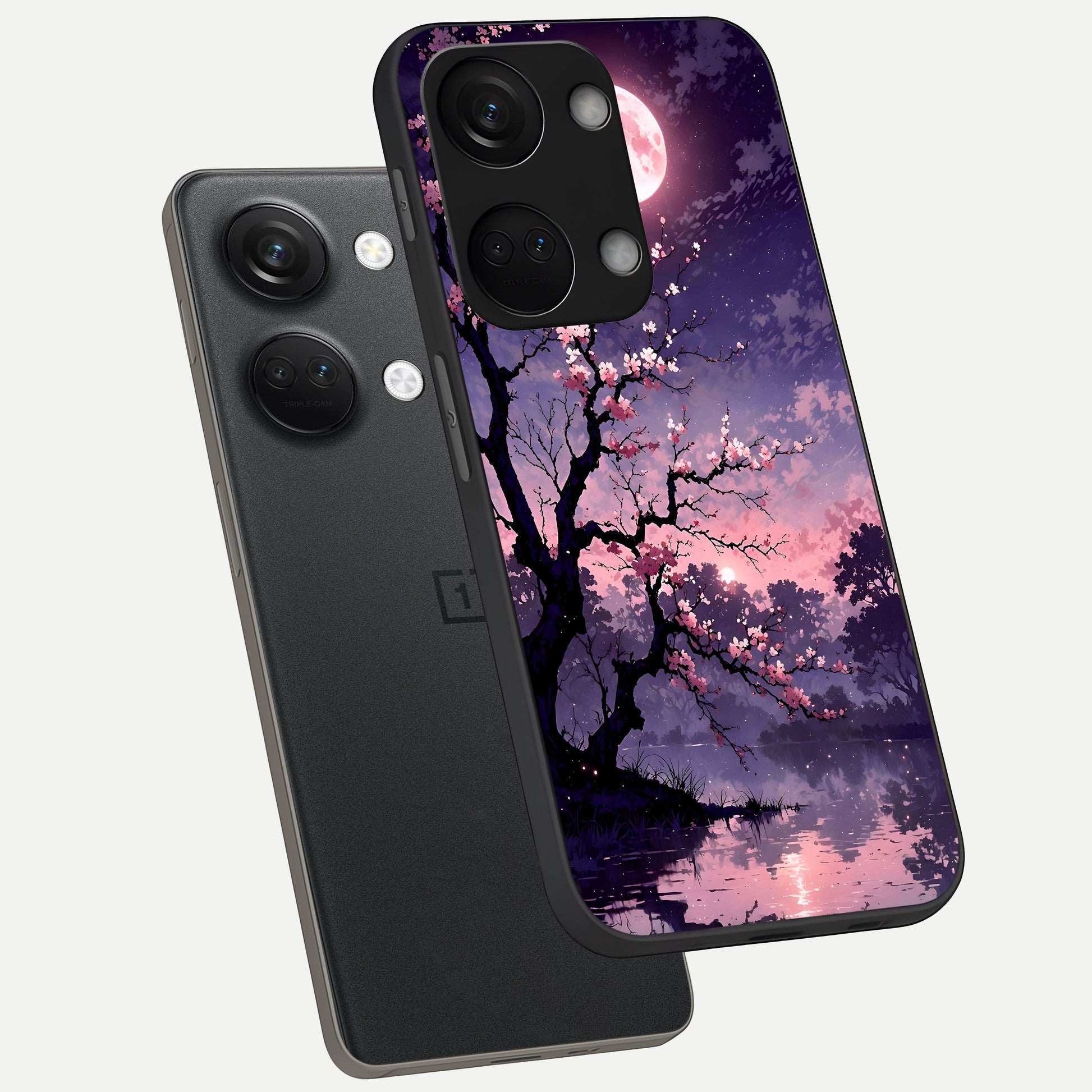  Blossom Pink Moon phone case For Oneplus Nord 3 showing premium glass back cover with detailed artwork