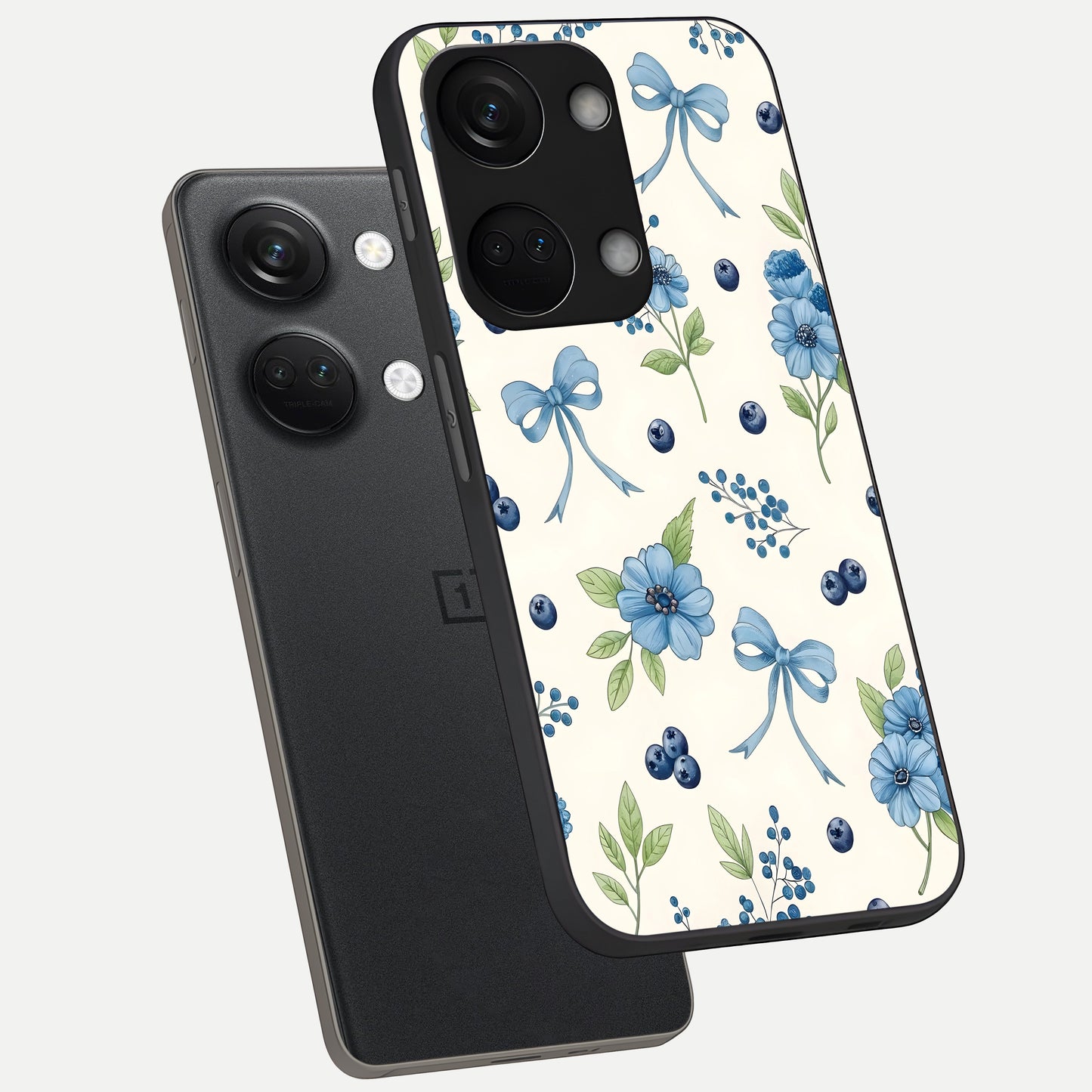  Blue Flower And Bow phone case For Oneplus Nord 3 showing premium glass back cover with detailed artwork