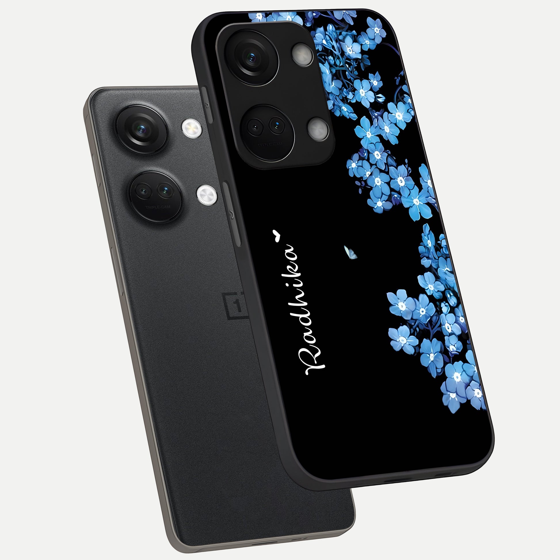  Blue Petal Dream Custom Name phone case For Oneplus Nord 3 showing premium glass back cover with detailed artwork