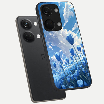  Blue Tulip Clouds phone case For Oneplus Nord 3 showing premium glass back cover with detailed artwork