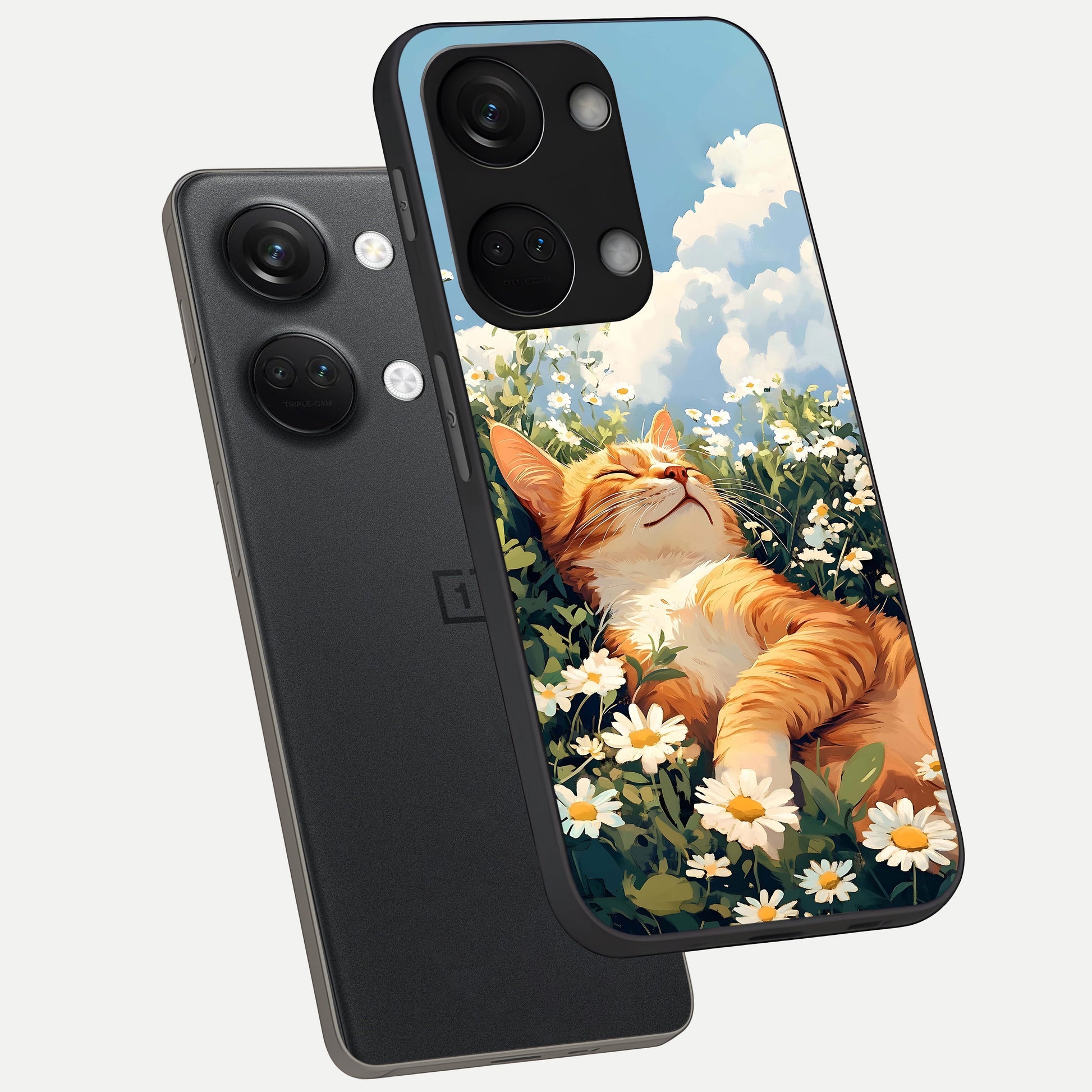  Cat And Flowers View phone case For Oneplus Nord 3 showing premium glass back cover with detailed artwork