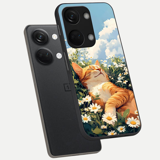  Cat And Flowers View phone case For Oneplus Nord 3 showing premium glass back cover with detailed artwork