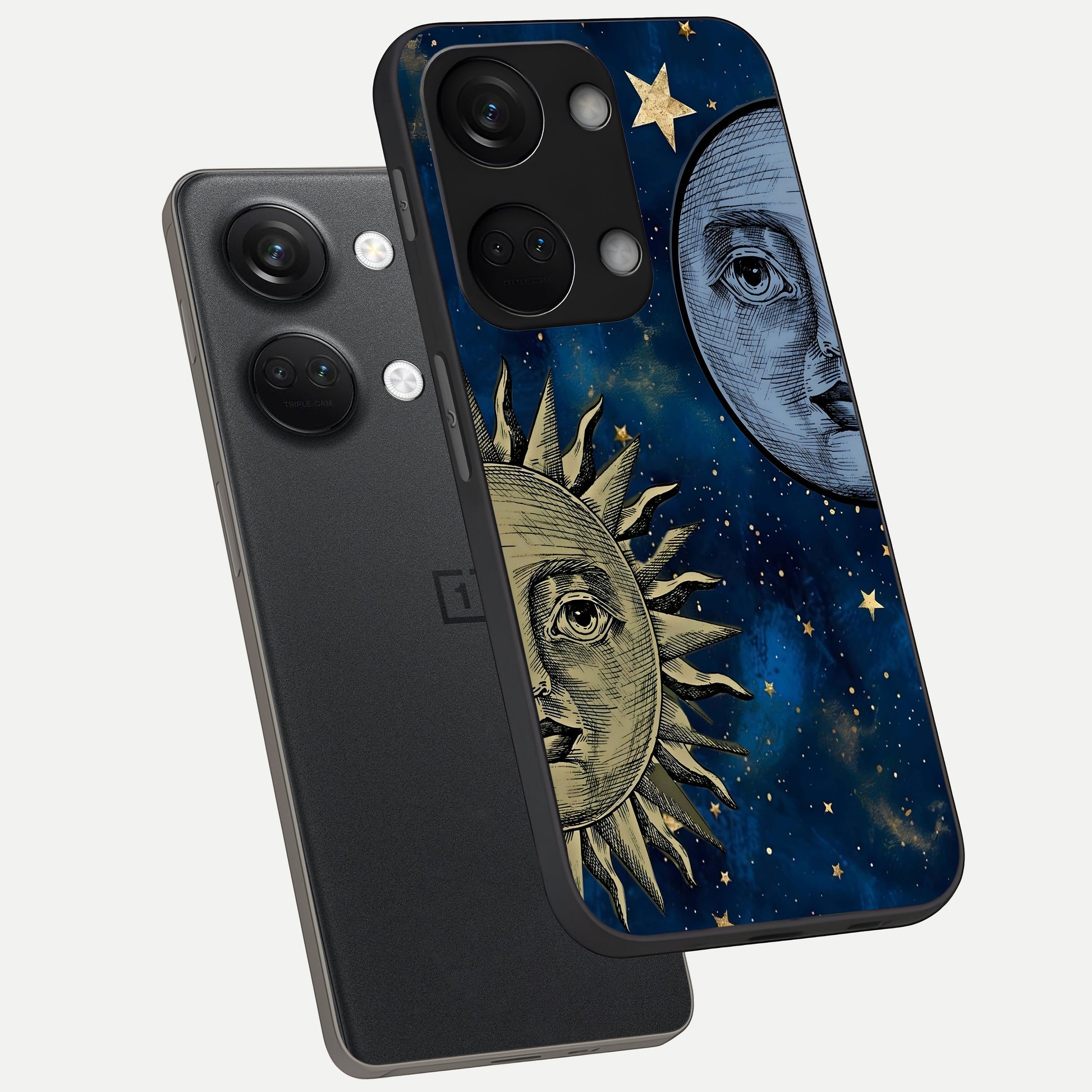  Celestial Moon With Sun phone case For Oneplus Nord 3 showing premium glass back cover with detailed artwork