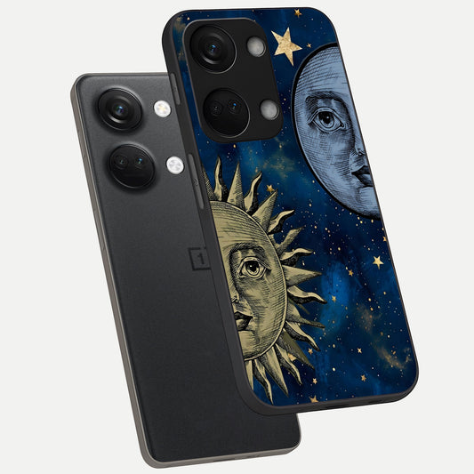  Celestial Moon With Sun phone case For Oneplus Nord 3 showing premium glass back cover with detailed artwork