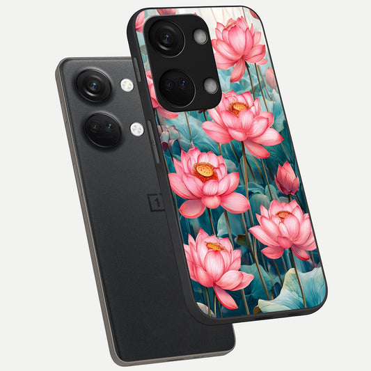  Celestial Pink Lotus phone case For Oneplus Nord 3 showing premium glass back cover with detailed artwork