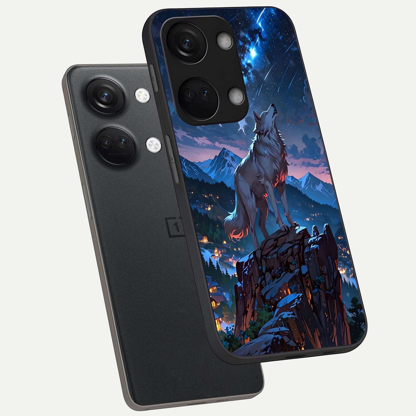  Celestial Wolf Howl phone case For Oneplus Nord 3 showing premium glass back cover with detailed artwork