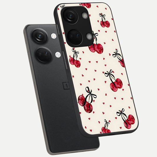  Cherry Heart Bow phone case For Oneplus Nord 3 showing premium glass back cover with detailed artwork