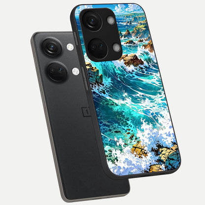  Coastal Blue Waves phone case For Oneplus Nord 3 showing premium glass back cover with detailed artwork