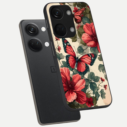  Crimson Butterfly Garden phone case For Oneplus Nord 3 showing premium glass back cover with detailed artwork
