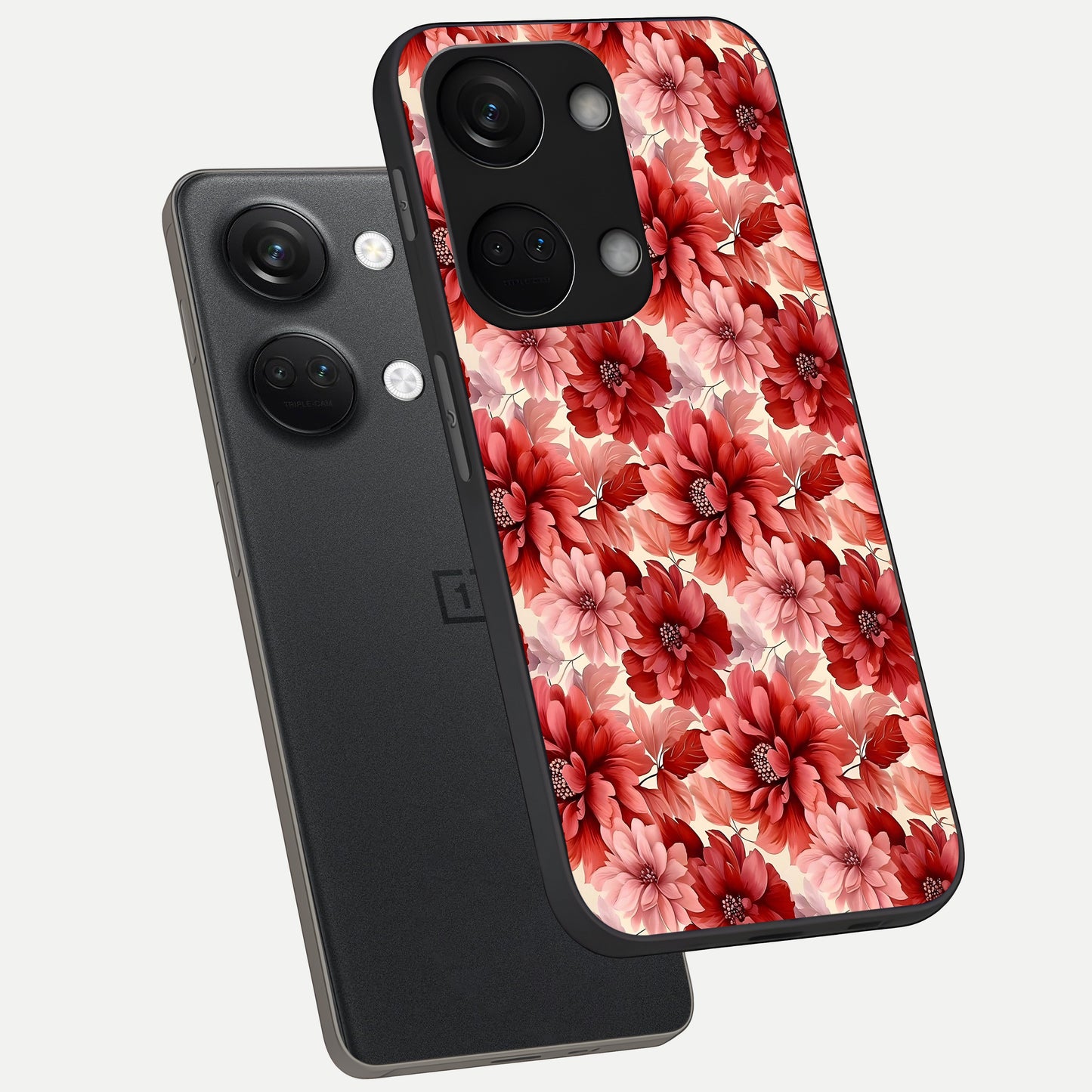 Crimson Love Petals phone case For Oneplus Nord 3 showing premium glass back cover with detailed artwork