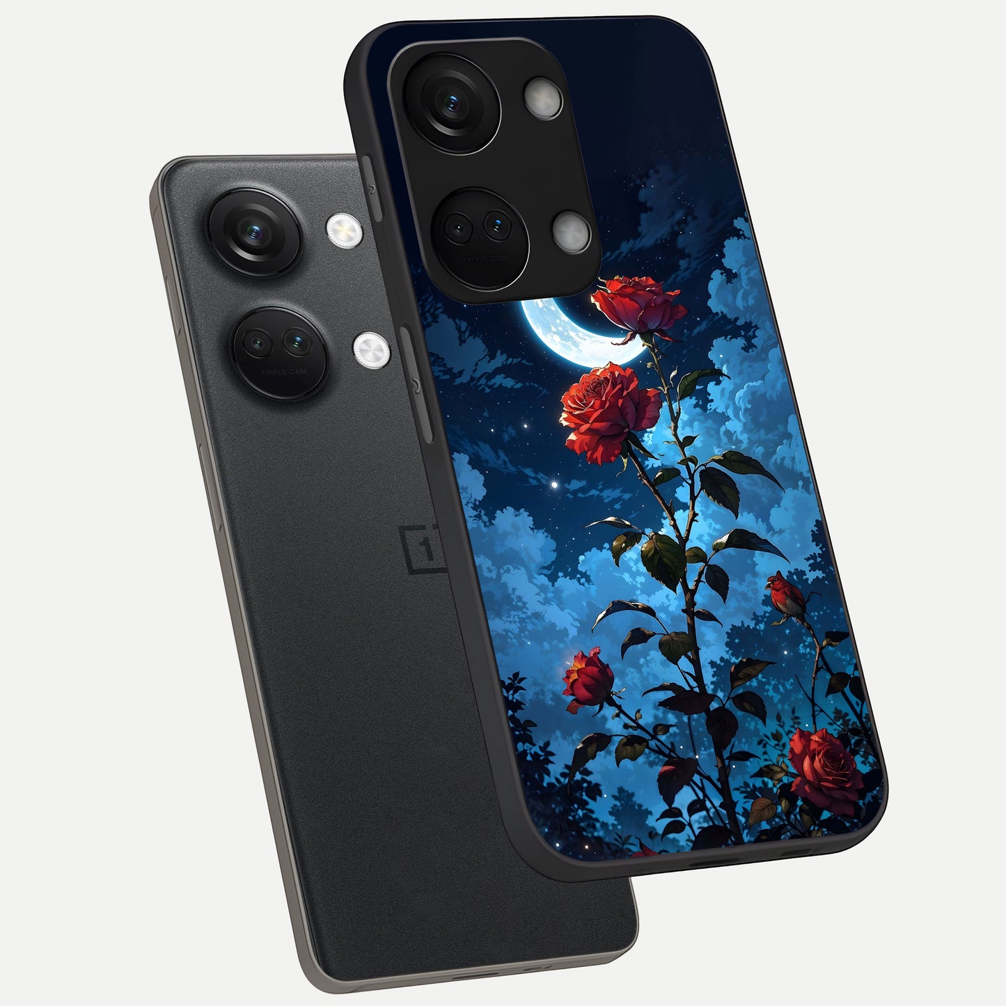  Crimson Rose Moon phone case For Oneplus Nord 3 showing premium glass back cover with detailed artwork