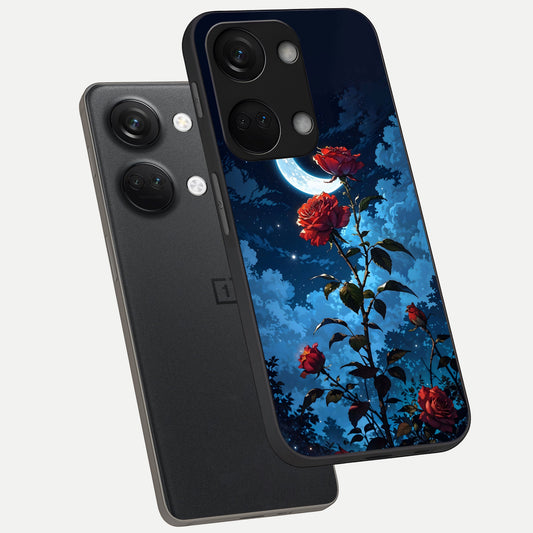  Crimson Rose Moon phone case For Oneplus Nord 3 showing premium glass back cover with detailed artwork