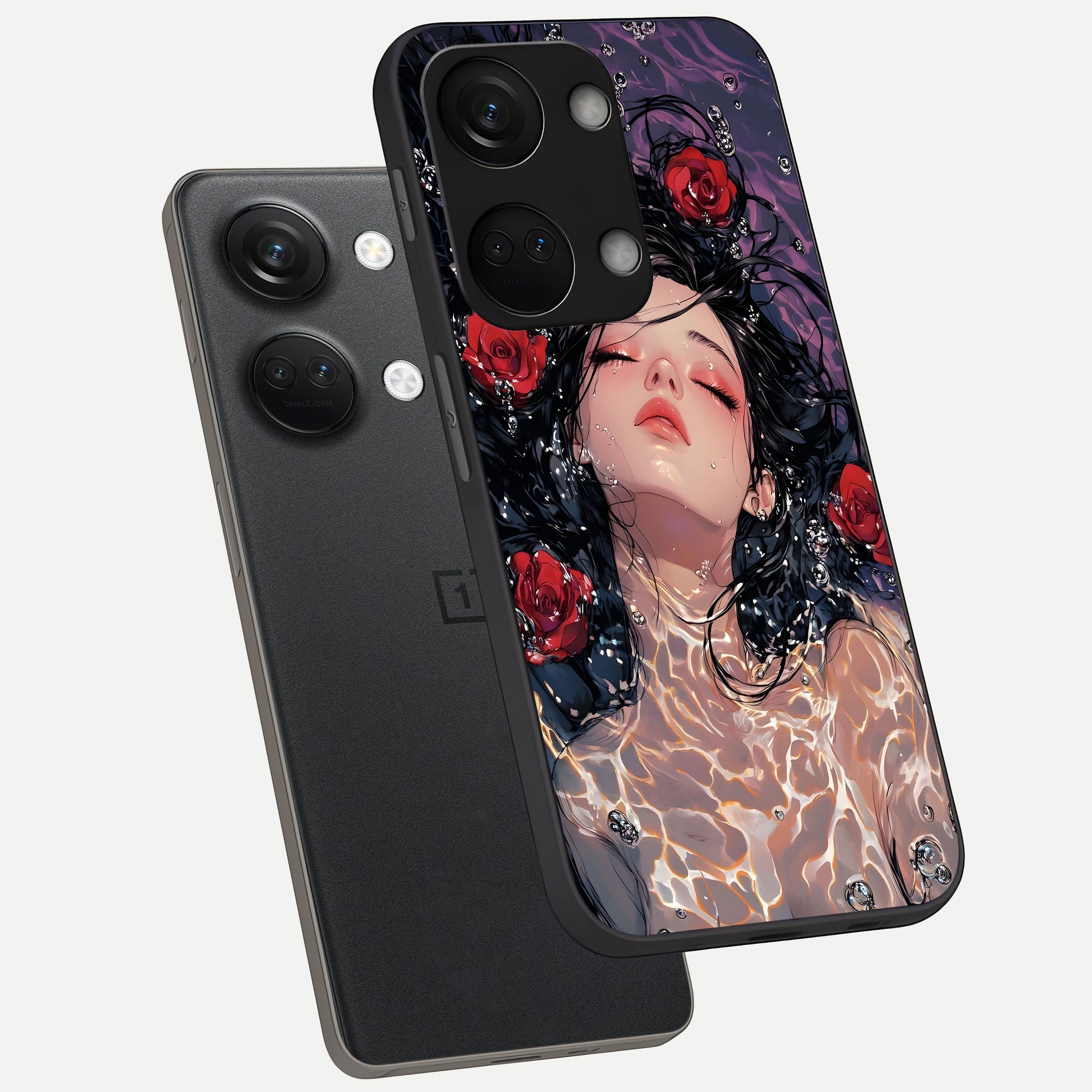  Crimson Rose Serenity phone case For Oneplus Nord 3 showing premium glass back cover with detailed artwork