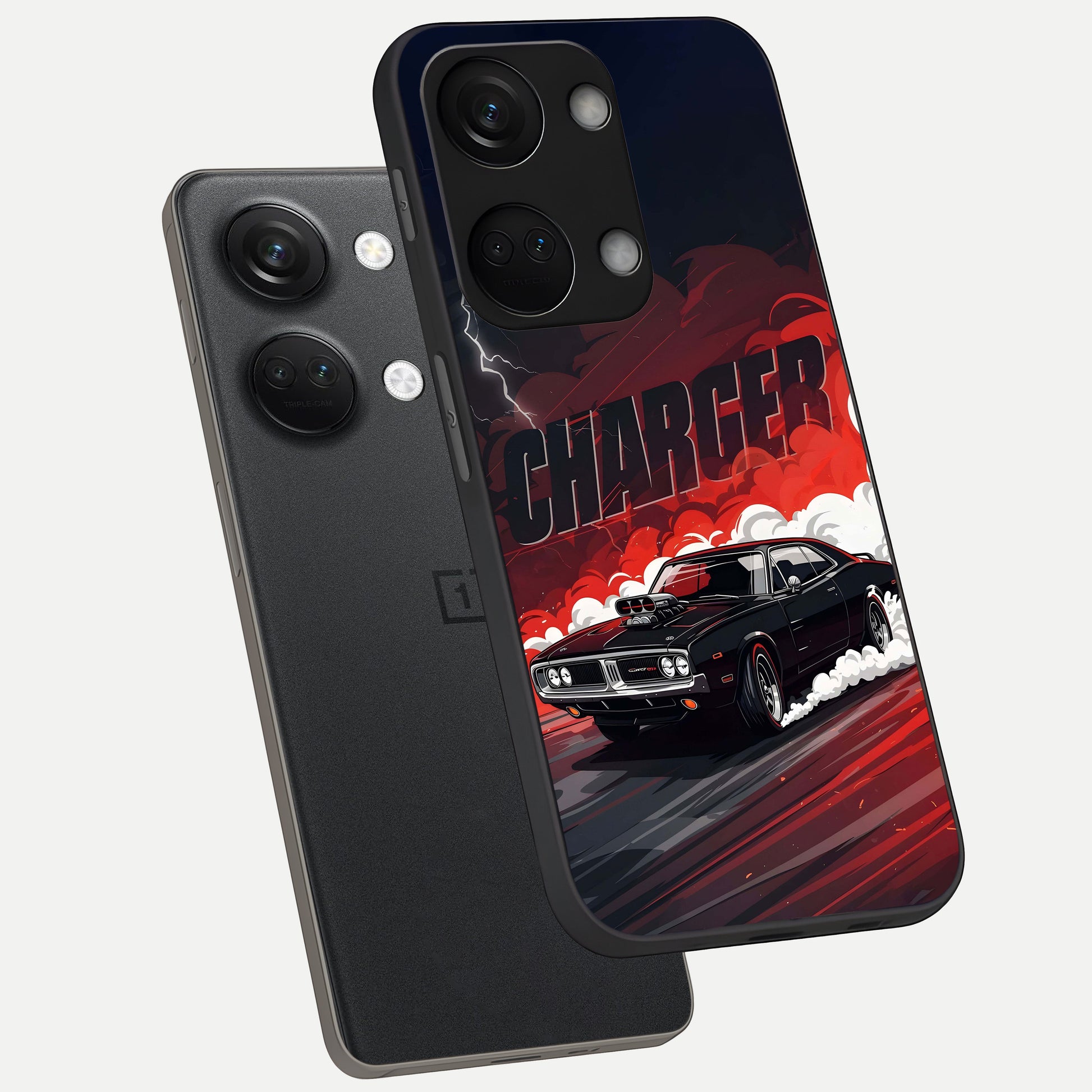  Dark Charger Fury phone case For Oneplus Nord 3 showing premium glass back cover with detailed artwork