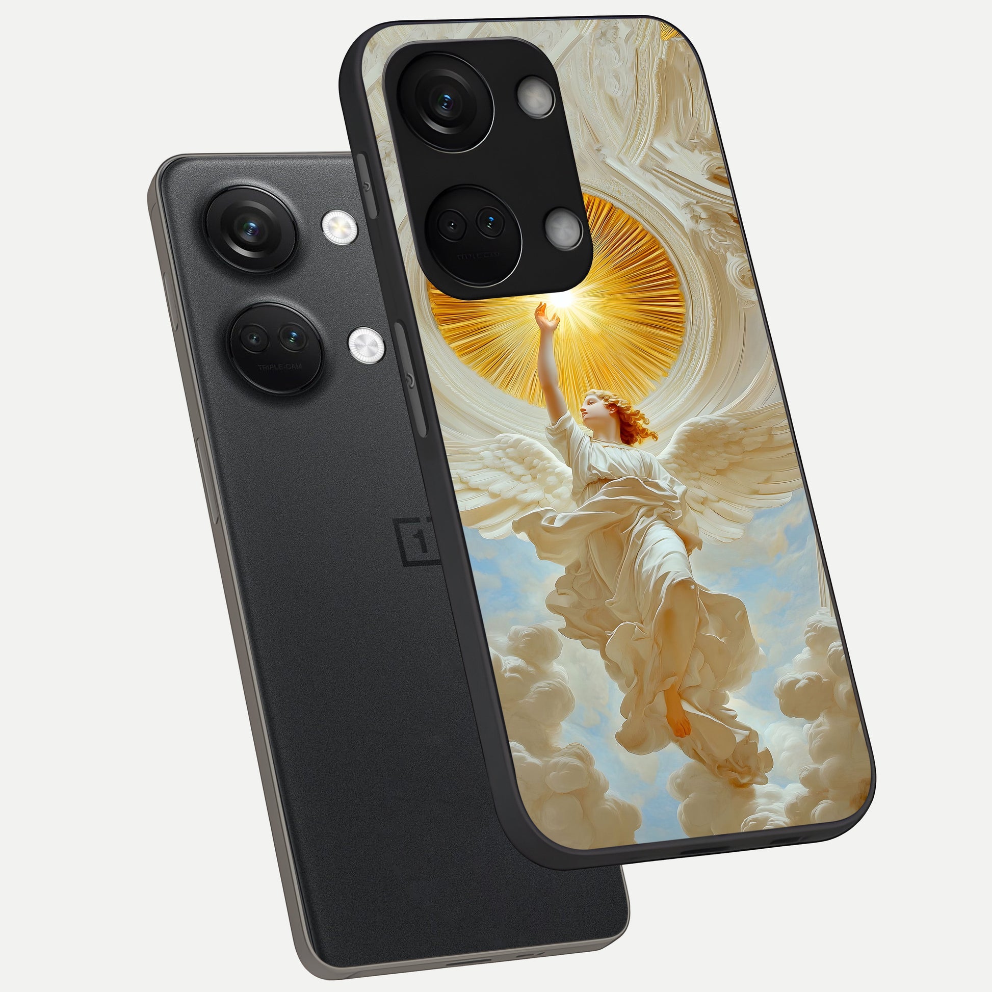  Divine Light Angel phone case For Oneplus Nord 3 showing premium glass back cover with detailed artwork
