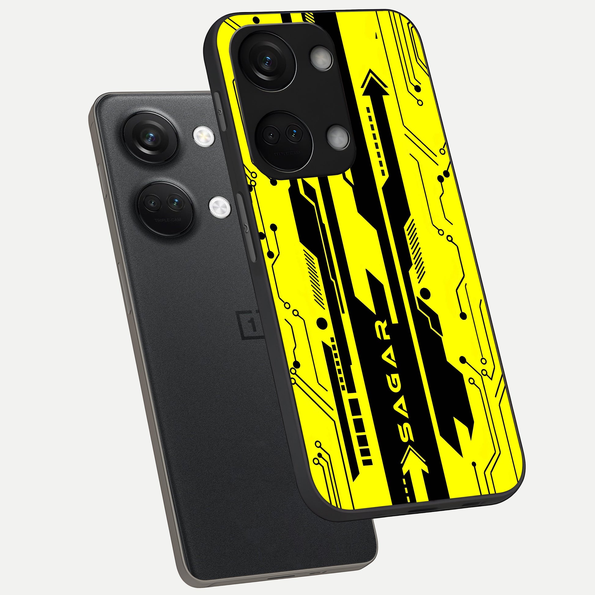  Electric Pulse CYBERPUNK Custom Name phone case For Oneplus Nord 3 showing premium glass back cover with detailed artwork