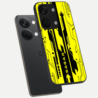  Electric Pulse CYBERPUNK Custom Name phone case For Oneplus Nord 3 showing premium glass back cover with detailed artwork
