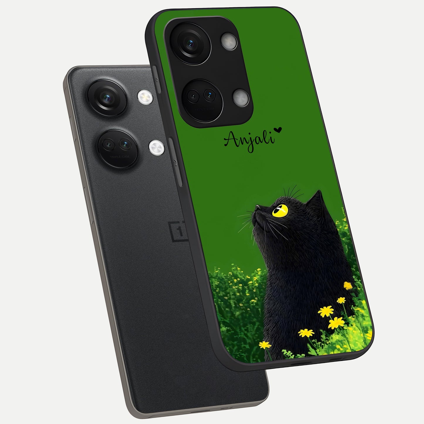  Emerald Cat Custom Name phone case For Oneplus Nord 3 showing premium glass back cover with detailed artwork