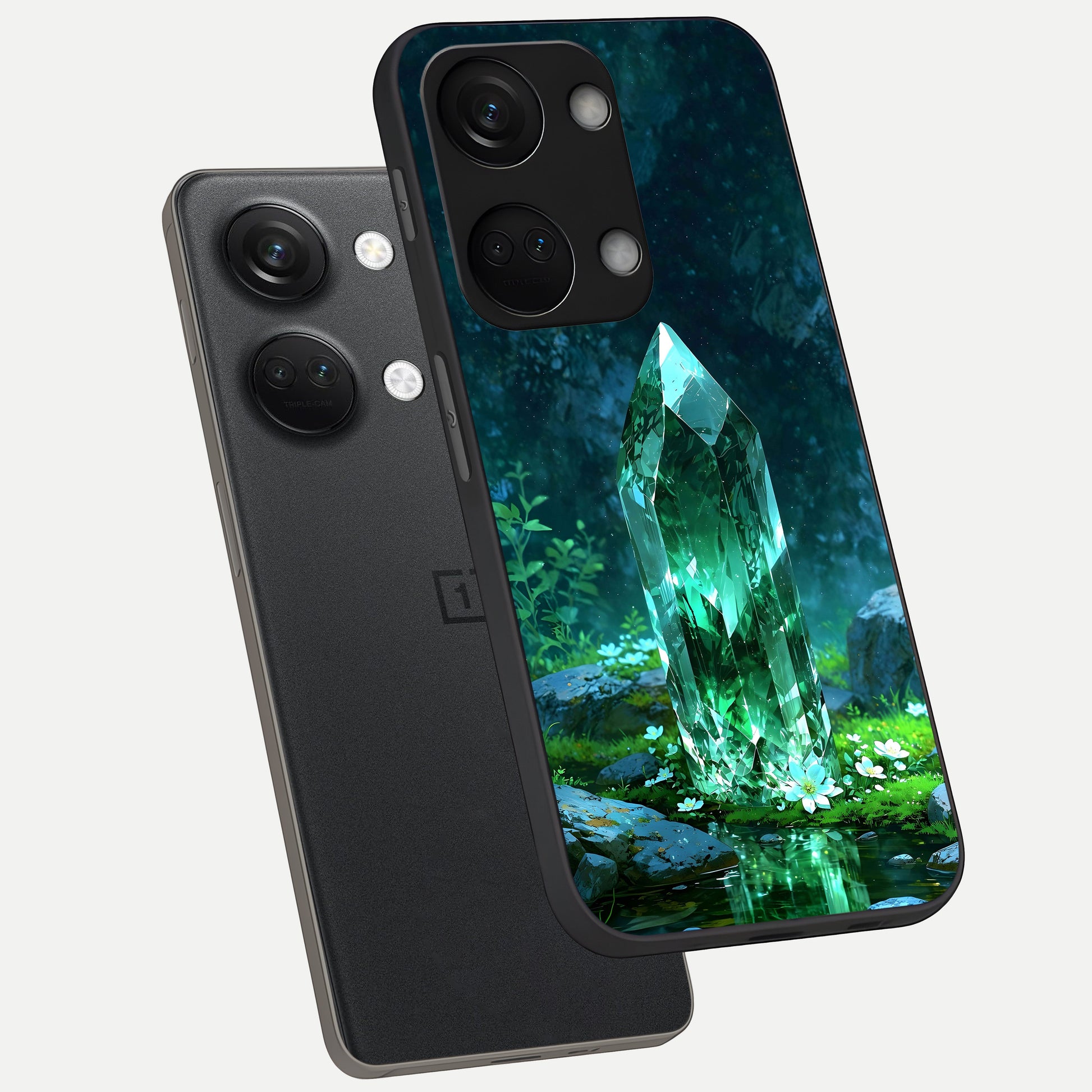  Emerald Light Crystal phone case For Oneplus Nord 3 showing premium glass back cover with detailed artwork