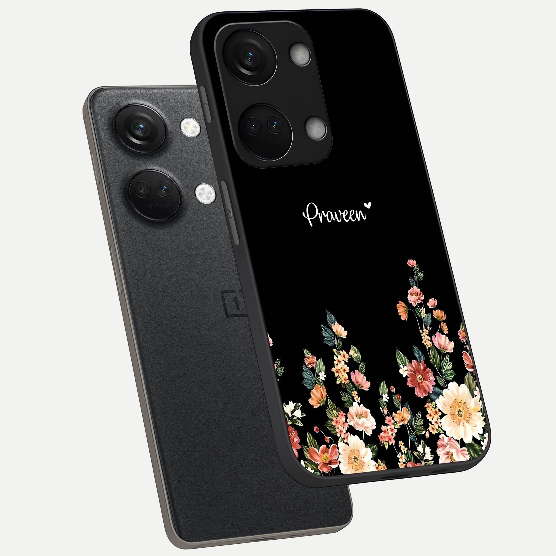  Floral Design Personalized Custom Name phone case For Oneplus Nord 3 showing premium glass back cover with detailed artwork