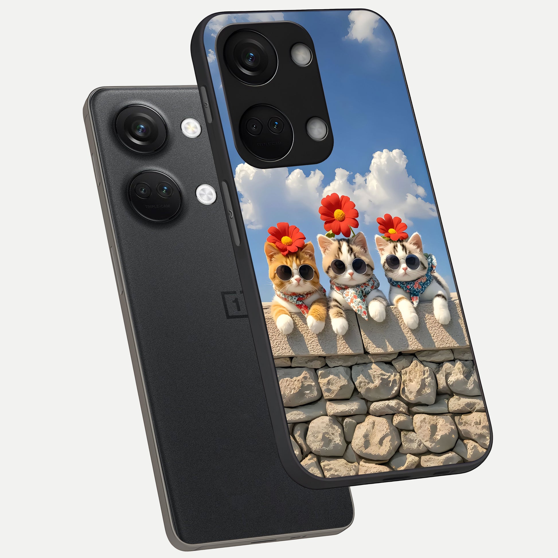  Floral Kitty Squad phone case For Oneplus Nord 3 showing premium glass back cover with detailed artwork